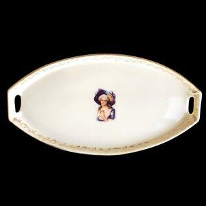 Antique Edwardian German Ilmenau Porcelain Vanity Tray Jlmenau Woman in Hat 7"